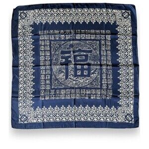 Blue Scarf Unisex Vtg Headscarf Tied 35” X 35” Scarve Asian Letters